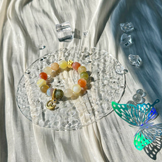 MoonDance Silhouette: 14k Gold Starry Moon Rabbit Pendant Colorful Beaded Bracelet - under the sunshine