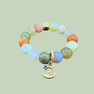 MoonDance Silhouette: 14k Gold Starry Moon Rabbit Pendant Colorful Beaded Bracelet - front view