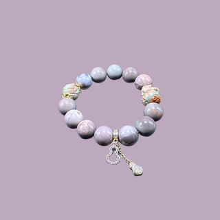 EtherealGlow: Lavender Beaded Bracelet with Exquisite Carven Lucky Fox & Double Gourd Charms - front view