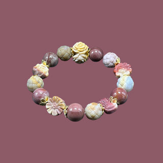 Nocturnal Petal Array: Multicolor Beaded Bracelet with Dark Rose Theme Charms - front view