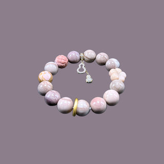 PetalPulse: Sakura Ash Pink Beaded Stretch Bracelet with 14k Gold Pendants - front view