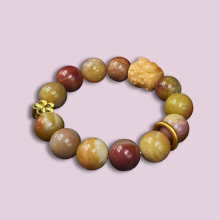 Only-One Grapelike Purple Agate Bracelets with 14K Gold Charm - crafted rabbits beaded and 14k golden flower and ring charms - right side angle of view