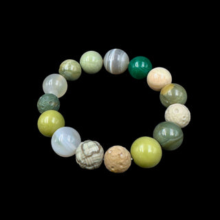Multiple Green Agates & White Gemstones Bracelet - multilayer agate, crystals, and crafted aerolite beads - left side angle of view