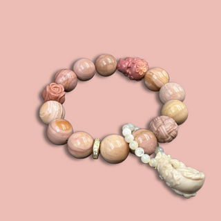 Sole Pink Rose Beaded Bracelet with Phantom Quartz Charms - cutie fox, pink rose, lucky rabbit - right side angle of view