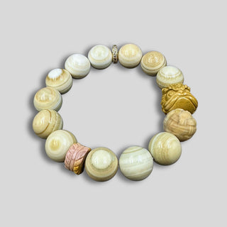 white & yellow multilayer agate beaded bracelets with lion & ring charms - front view