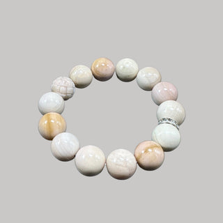 Creamy White DunePlanet-like Natrual Agate Beaded Bracelet with Delicate Ring Charm - front view
