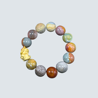 Elemental Elegance: Fortune Beast Charm Amidst Vibrant, Multi-Colored Agate Beaded Bracelet - high angle