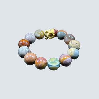 Elemental Elegance: Fortune Beast Charm Amidst Vibrant, Multi-Colored Agate Beaded Bracelet - front view