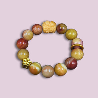 Only-One Grapelike Purple Agate Bracelets with 14K Gold Charm - crafted rabbits beaded and 14k golden flower and ring charms - front view 