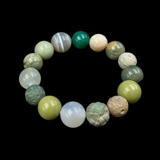 Multiple Green Agates & White Gemstones Bracelet - multilayer agate, crystals, and crafted aerolite beads - front view