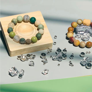 Multiple Green Agates & White Gemstones Bracelet - multilayer agate, crystals, and crafted aerolite beads - under the sunshine