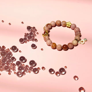 Baby Pink Agate Bracelet & 14k golden plated charms of flower, moon, and calabash - under the sunshine