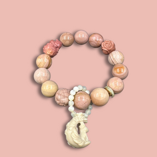 Sole Pink Rose Beaded Bracelet with Phantom Quartz Charms - cutie fox, pink rose, lucky rabbit - front view