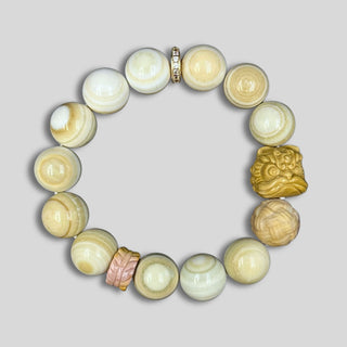 white & yellow multilayer agate beaded bracelets with crafted lion & ring charms